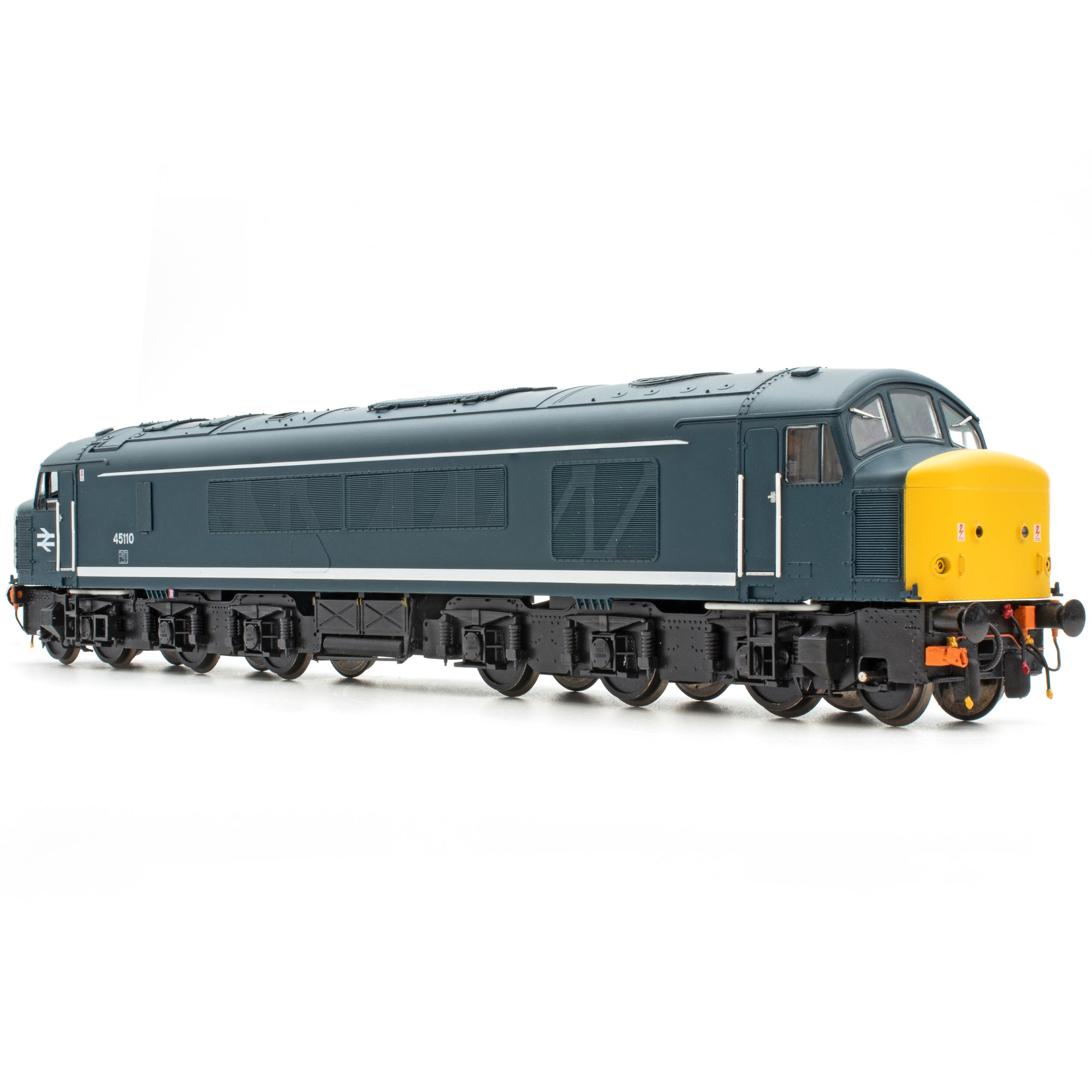 A detailed model train locomotive photographed on a seamless white studio background. The train features a dark slate blue body with a white stripe, black undercarriage and wheels, and a bright yellow front cab end.
