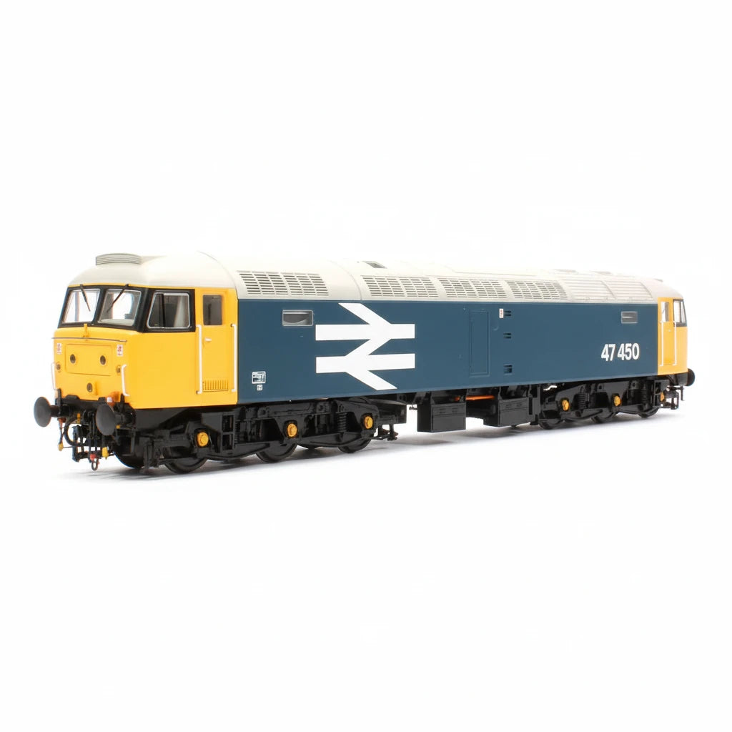 Model train locomotive with British Rail logo on a white background
