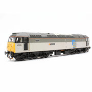 Model train with a gray and beige body, yellow front, and blue logo on a white background