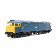 Model train engine with blue and yellow design on a white background