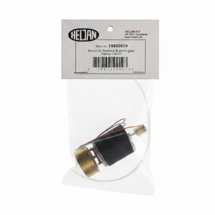 A small electric motor with attached worm gear and a clear plastic tube, sealed in a clear plastic bag with a white HELJAN product label above it, photographed on a light gray background.