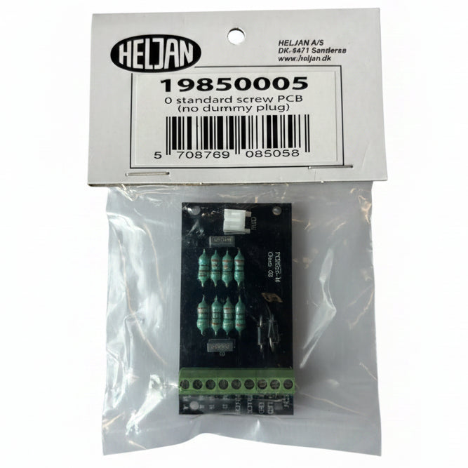 A small electronic PCB module in a clear plastic bag with a white cardboard header card. The header card shows the brand Heljan and part number 19850005.
