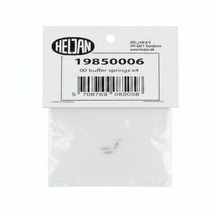 A small clear plastic bag containing four metal buffer springs, sealed with a white paper header card printed with the brand HELJAN and part number 19850006.