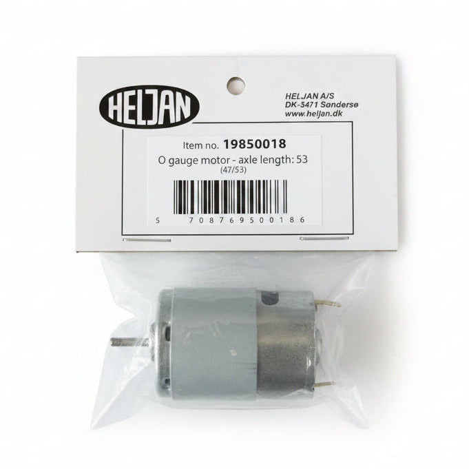 A Heljan O gauge motor part in its original white cardboard packaging with a barcode label, sealed in a clear plastic bag on a white background.